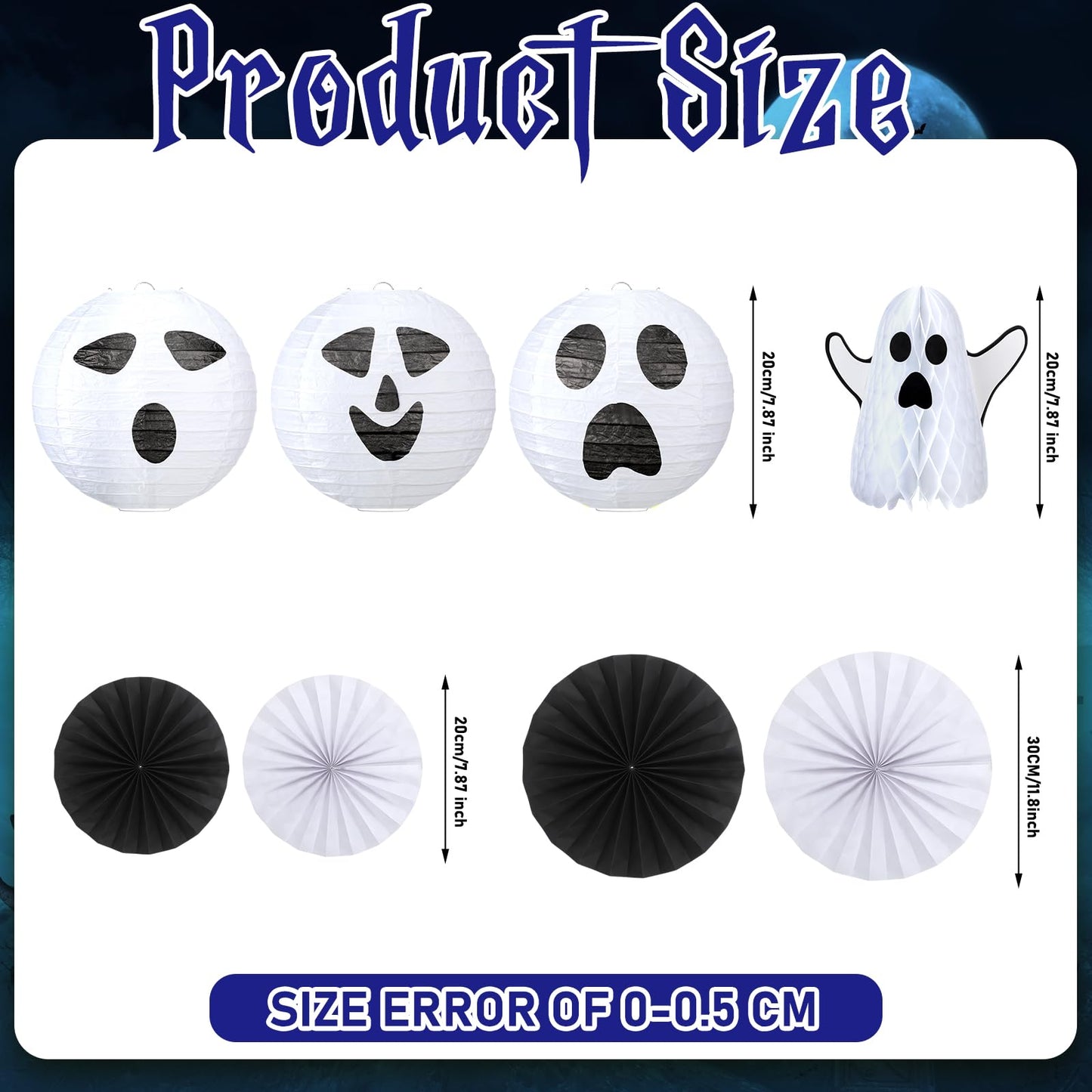 Humyoun 18 Pcs Halloween Party Decorations Kit Ghost Spooky Paper Lanterns Hanging Fans 3D White Ghost Honeycomb Ball for Indoor Outdoor Halloween Scary Party Supplies Haunted House Ceiling Decor