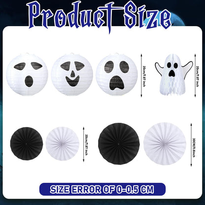 Humyoun 18 Pcs Halloween Party Decorations Kit Ghost Spooky Paper Lanterns Hanging Fans 3D White Ghost Honeycomb Ball for Indoor Outdoor Halloween Scary Party Supplies Haunted House Ceiling Decor