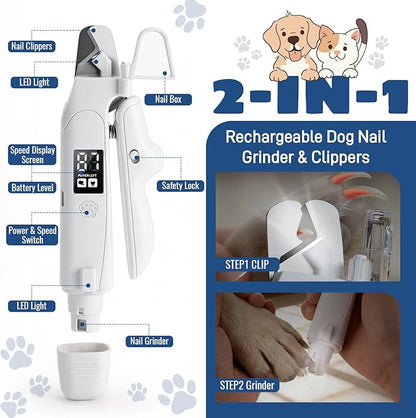 Dog Nail Clippers & Trimmer with Light, Cat Nail Clippers - 2-in-1 Electric Rechargeable Pet Nail Grinder with LED Light & Safety Guard, Cordless for Small Medium Dogs Cats