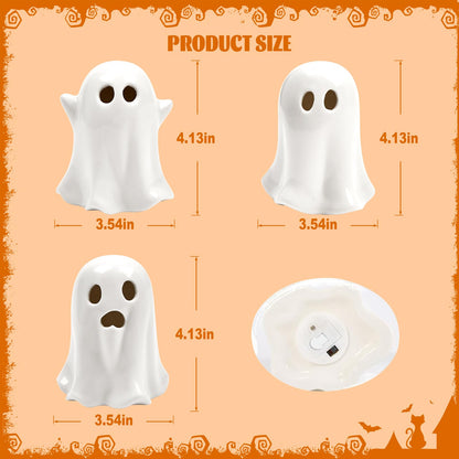 Ghost Halloween Decor - 3Pcs Ceramic Halloween Ghost Decorations Indoor, Light Up Glazed White Ghost Figurines Cute Ceramic Ghost Sculpture for Halloween Night Light Table Tray Decor