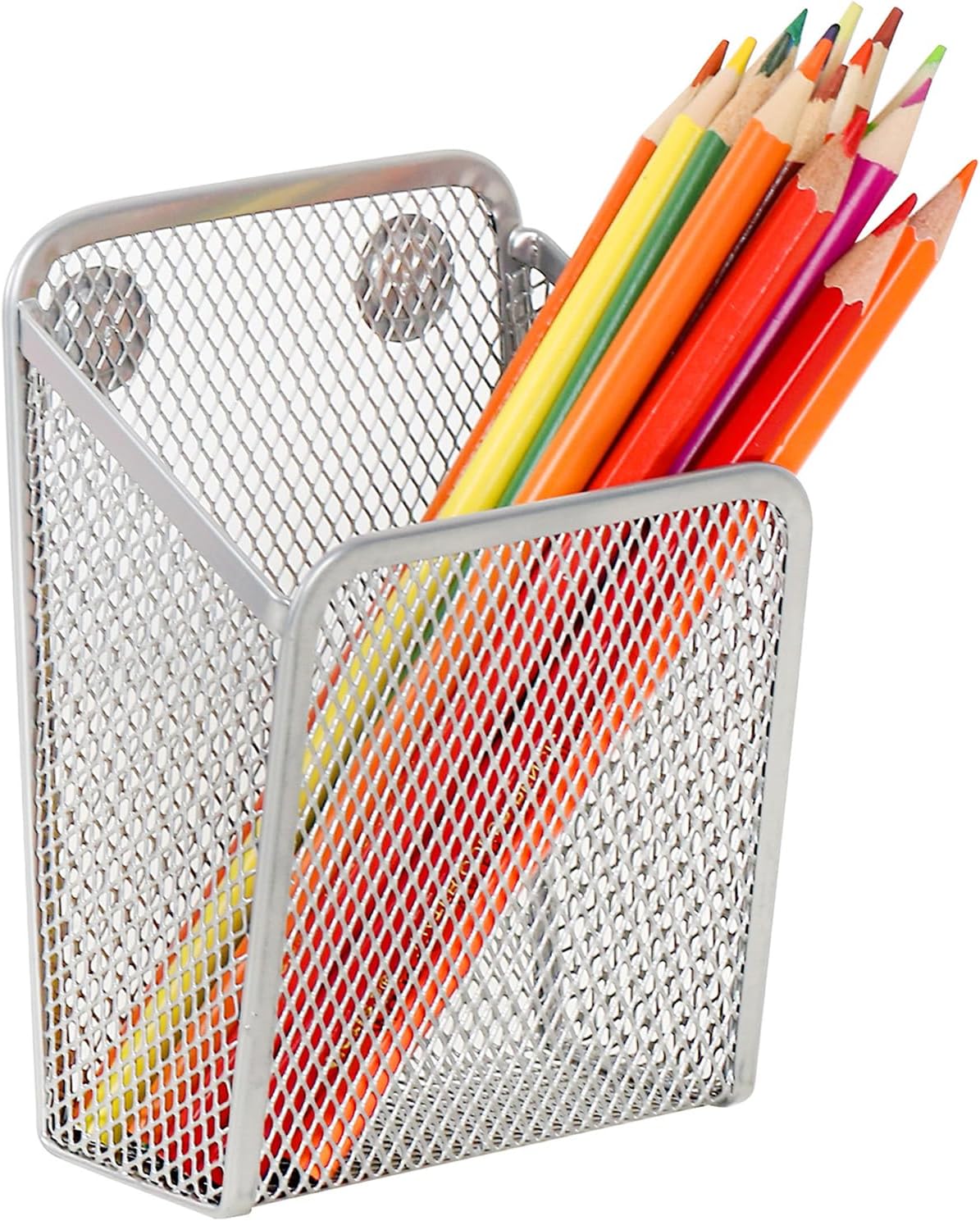 LUCYCAZ Magnetic Pen Holder - Single Magnetic Pencil Locker Holder Organizer, Silver Mesh Marker Holder Pen Basket for Whiteboard, Refrigerator and Locker