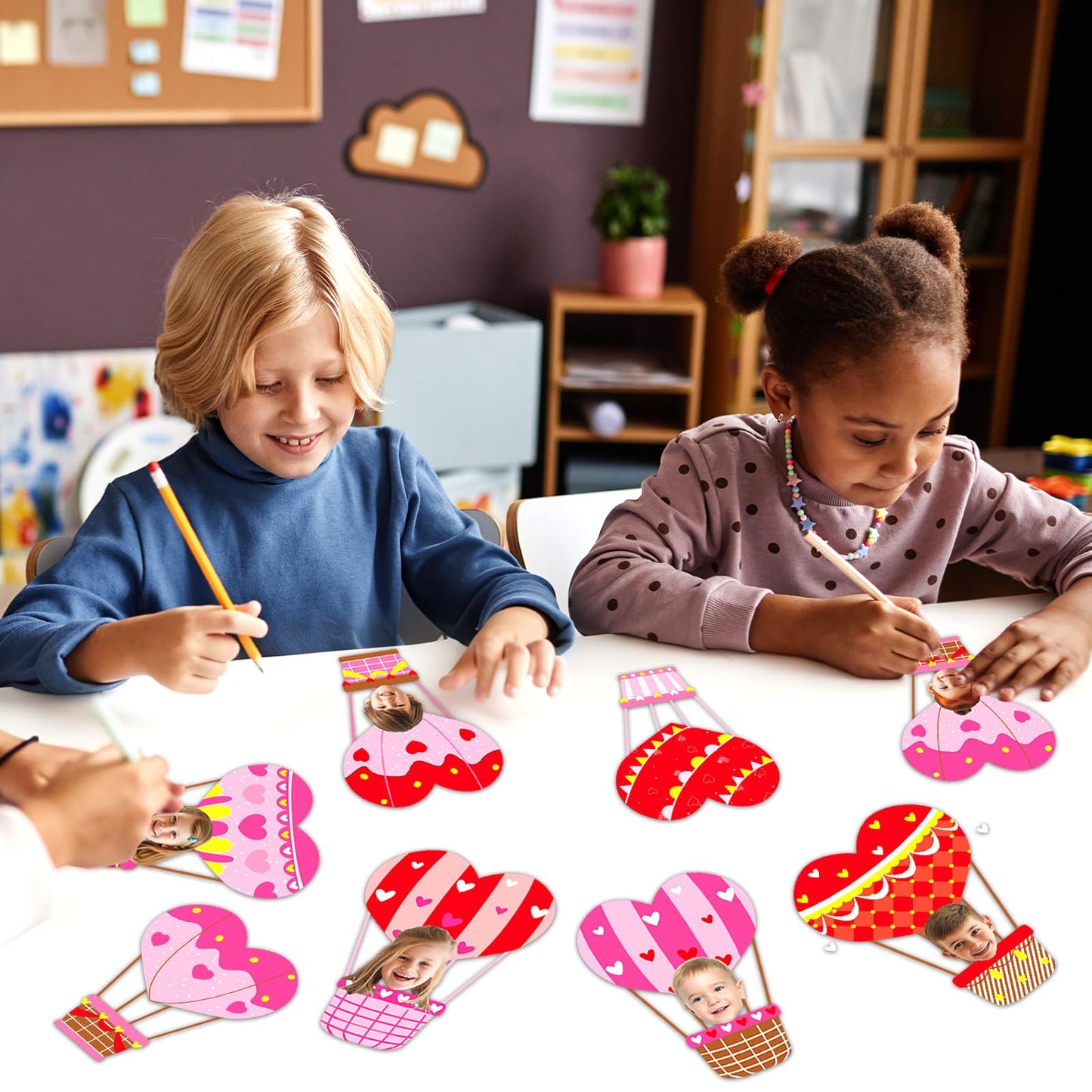 60pcs Valentine's Day Theme DIY Cutouts Hot Air Balloon Bulletin Board Decoration Set Heart Shape Balloon Paper Cut-Outs Decor for Valentines Classroom DIY Photo Craft Party School Wall Door Supplies