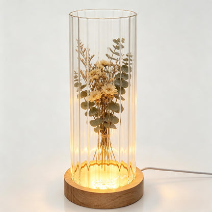 Wisifayardin Ribbed Glass Cylinder Vase with LED Light Base - 7.9 Inch Clear Fluted Bud Vase for Flowers Pampas Grass, Light Up Terrarium Fish Bowl Centerpiece, Home Decor Gift