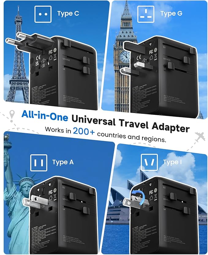 DOACE 70W Universal Travel Adapter, 6-in-1 International Plug with Built-in USB-C Cable, PD Fast Charging Worldwide Wall Charger for EU/UK/US/AU