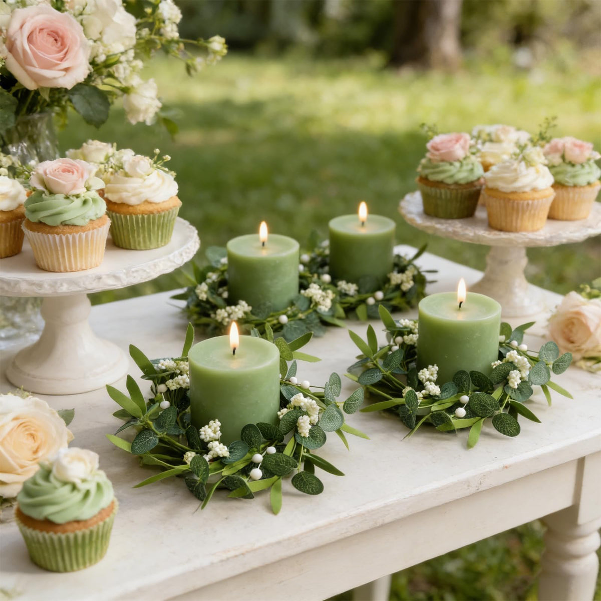 6 Pcs Green Artificial Eucalyptus Candle Rings Wreaths Mini Green Summer Kitchen Cabinet Wreath Table Centerpieces with White Berry for Pillars Farmhouse Porch Front Door Wedding Decor