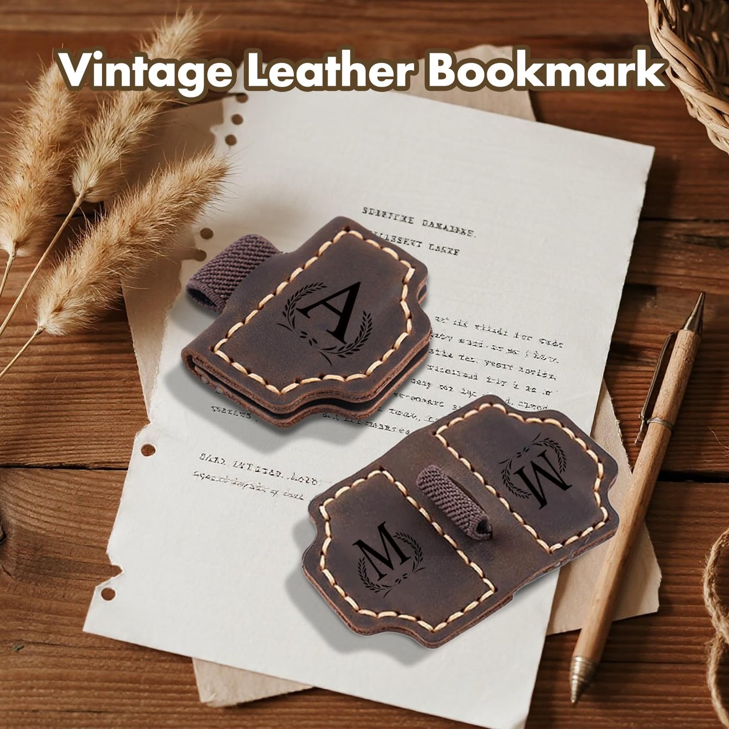 Custom Bygone Mark Bookmark with Pen Holder, 26 Letters Name Initial Personalized Magnetic Leather Bookmark, Gifts for Book Lovers, Readers, Travelers, Leather Book Marks (Dark Brown, I)