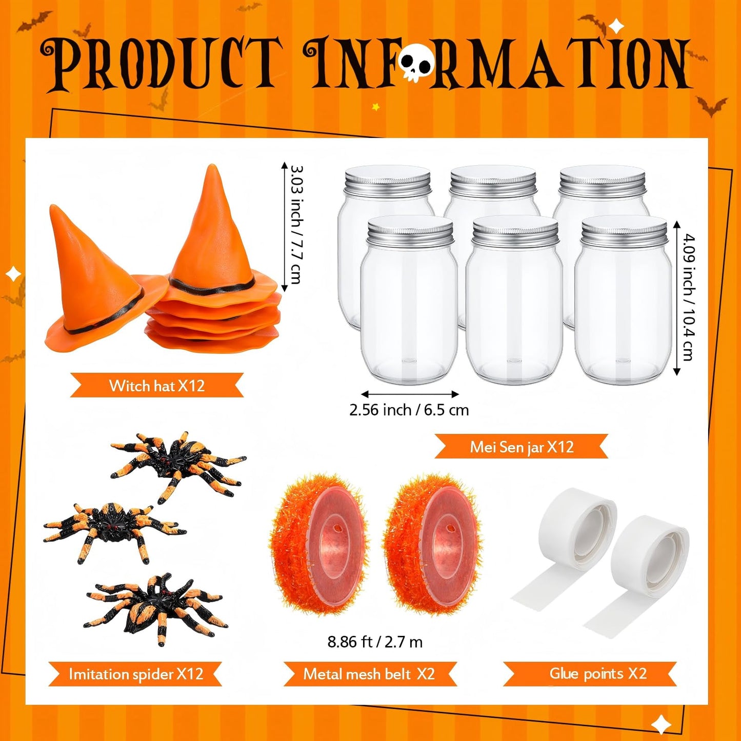 Mimorou 12 Sets Halloween Candy Jars 8.5 oz Plastic Cookie Jars Kit with Witch Hat Lid Scary Spider Food Storage Containers Trick or Treat DIY Crafts for Halloween Party Centerpieces Decor(Orange)