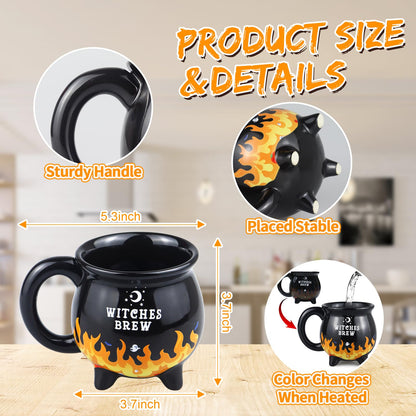 RAISLY Witch Brew Cauldron Coffee Mug, 300ml/10oz Heat Flame Color Changing Beverage Mugs, Adorable Sorceress’s Potion Themed Water Cups, All-Season Drinkware, Ideal for Birthday and Halloween