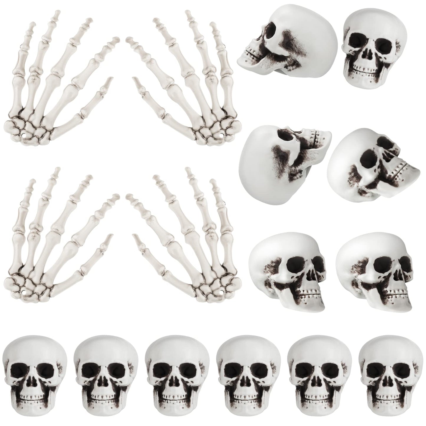 Ferraycle 16 Pieces Halloween Decoration Set Includes 10 Mini Skull Heads and 4 Skeleton Hands Realistic Looking Skulls Plastic Fake Craft Human Hands for Halloween Party Decor Props