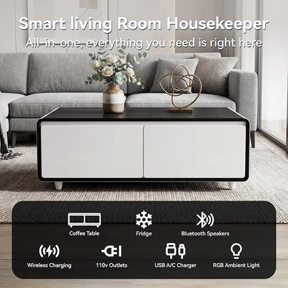 LIVTAB Smart Coffee Table, 27.8" D x 51" W x 18.1" H, Living Room Table with Built in Fridge and Speakers, Smart Table with 15W Wireless Charging, USB Chargers and 110V Outlets (White)