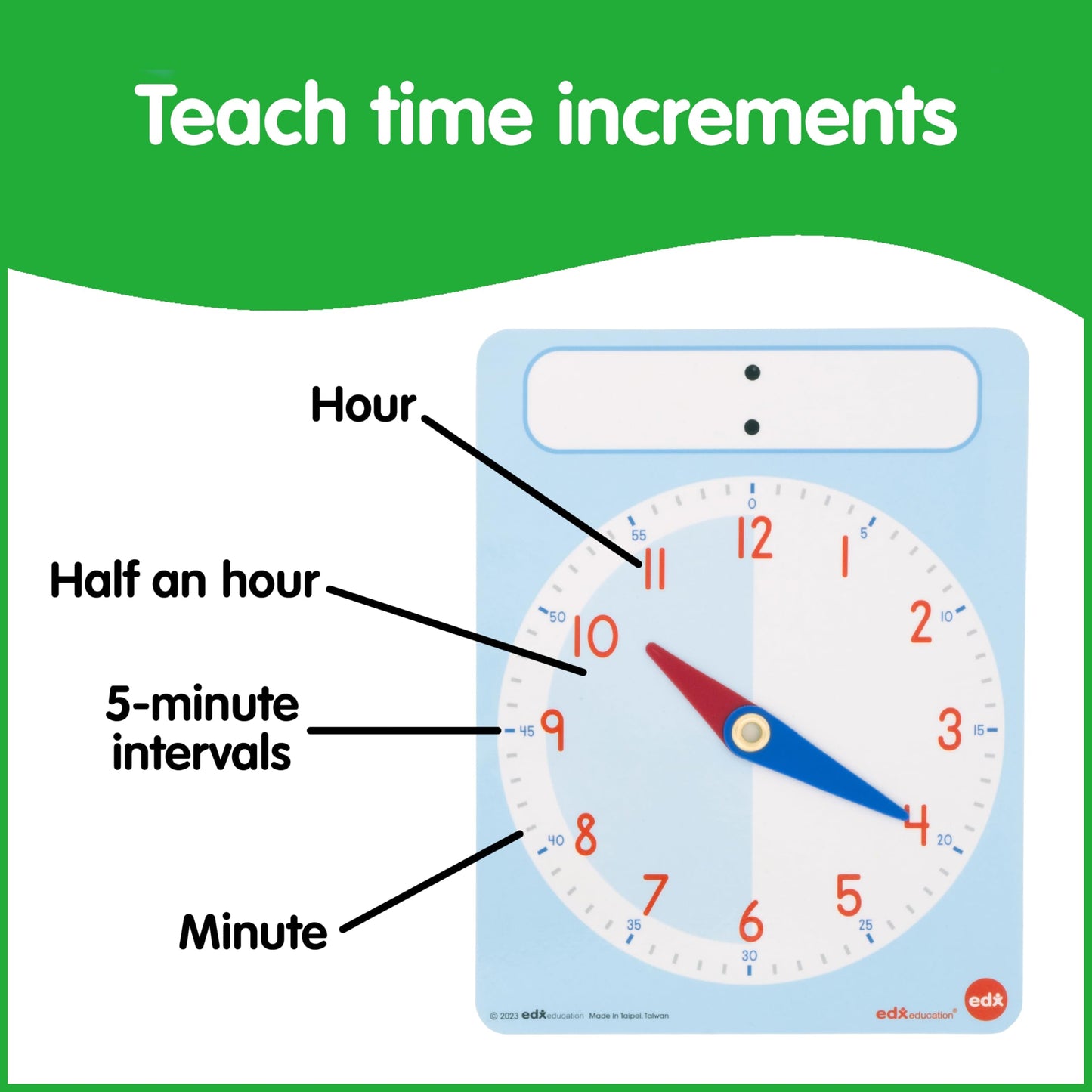 edxeducation Learning Clock Activity Set | 8 Double-Sided Activity Cards and 25 Flashcards | Digital and Analog Teaching Clocks for Kids