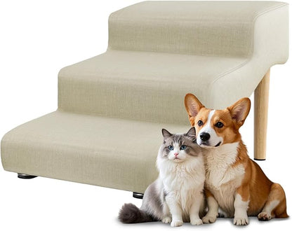 3-Step 15.7" H Dog Stairs for Bed Couch, Waterproof & Scratch PU Leather Pet Steps for Small Dogs and Cats, Dog Ramp with 220 lbs Maximum, Oak Leg & Solid Wood, Non-Slip Feet,Cream