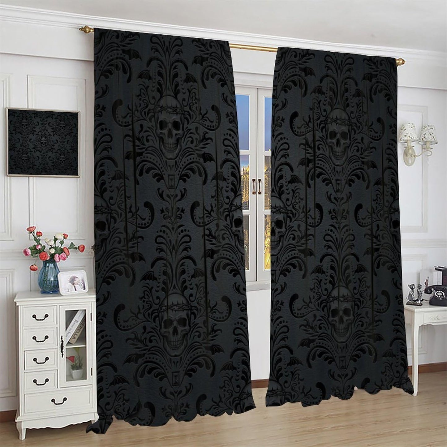 Halloween Curtains for Living Room,Skull Spooky Moody Skeleton Gothic Treatments Drapes for Bedroom Indoor Outdoor Event Party Decor 42" W X 45" L