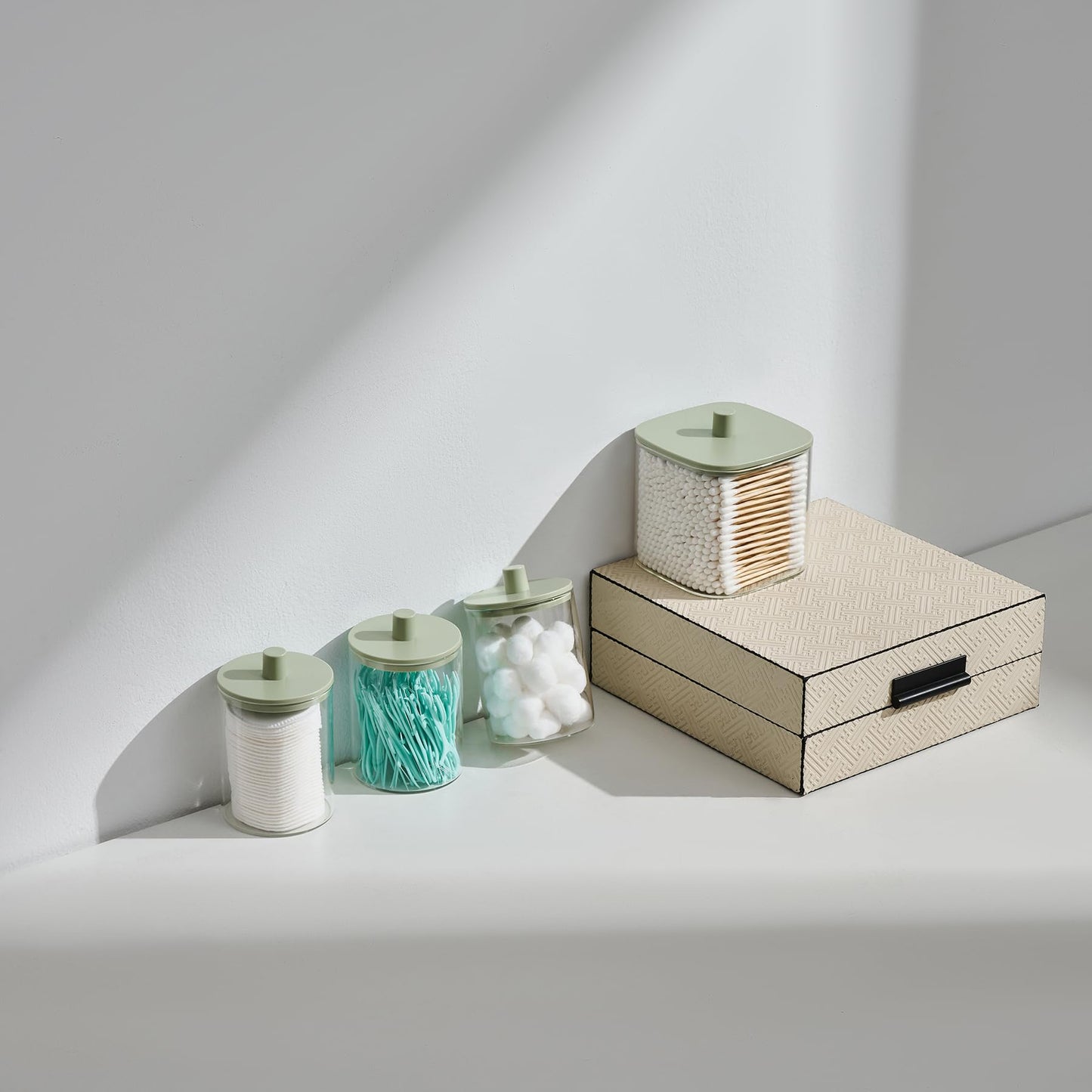 3 Pack Glass Qtip Holder Dispenser- 10 oz Clear Canister Apothecary Jar, Bathroom Vanity Storage Organizer Set for Cotton Swabs, Pads, Floss Picks, Small Containers for Makeup Storage (Green)