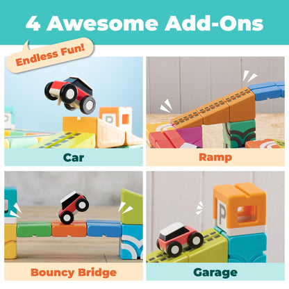 QBI Magnetic Building Blocks Car Track Set, STEM Building Toys for Kids Ages 4-8, Magnetic Cubes with 2 Push-and-Go Cars, Ramps & Track Plates, Montessori Birthday Gift (46PCS)