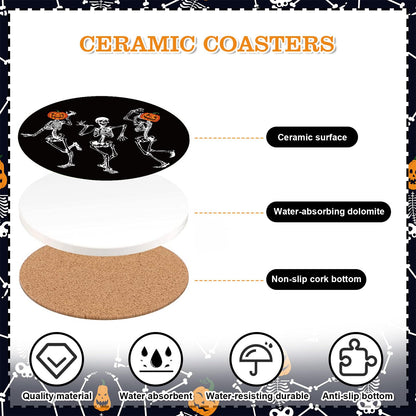 Whaline 4Pcs Halloween Ceramic Coasters Skeleton Pumpkin Drink Coasters Absorbent Cup Mat for Mug Cup Home Kitchen Party Table Decor