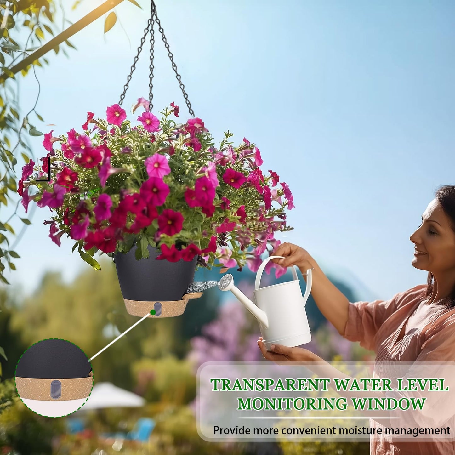 Fielda 8/10/12 Inch Self Watering Pots for Indoor/Outdoor Plants - Large Plastic Planter with Drainage Holes, Water Level Indicator & Deep Reservoir, Modern Decorative Flower Pots (Black)