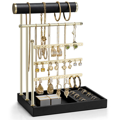 VLANDO Jewelry Stand Organizer with Ring Holder Tray, Necklace and Earring Storage for Bracelets, Watches and Rings, PU Leather Covered Wooden Tray with Gold Metal Frame - Black