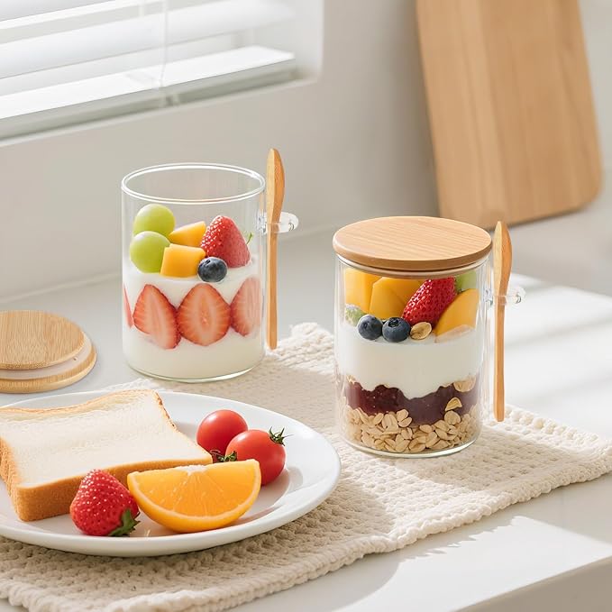 TBWIND 6 Pack Overnight Oats Containers with Lids and Spoons, 16oz Glass Jars with Bamboo Lids, Airtight Meal Prep Yogurt Containers for Breakfast, Parfait, Salad, Chia Pudding