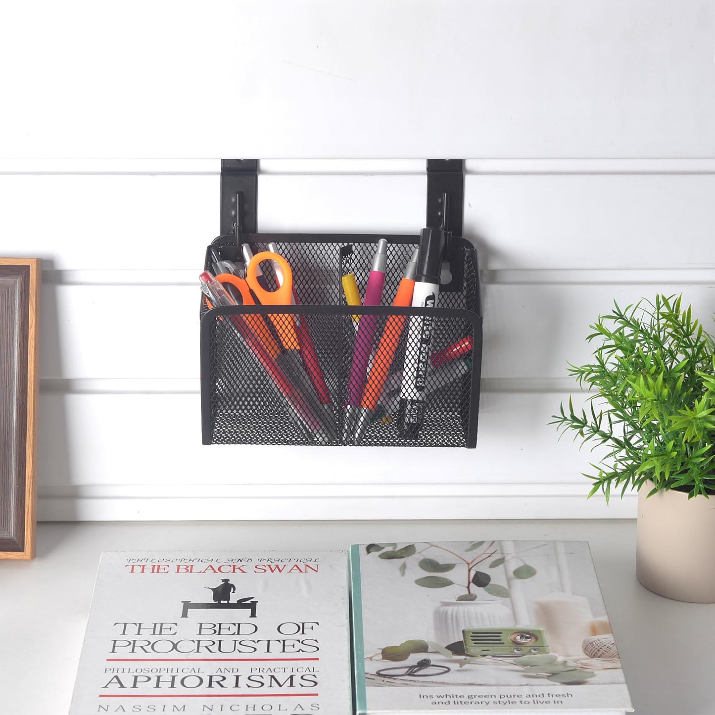 SMAODSGN Wall Hanging Pencil Holder With Slatwall J Hooks Slatwall Pencil Cup Wall Mounted Pen Holder Wall Marker Holder Metal Pencil Holder For Paintbrushes Pegboard Classroom Home
