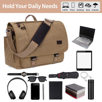Nerlion Messenger Bag for Men 17-17.3 Inch Laptop Bag Canvas Water-resistant Computer Bag Shoulder Bag Work Briefcase Bookbag for College (Brown)