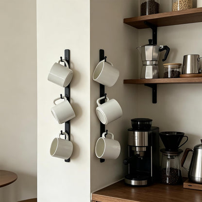 Yohsnor Coffee Mug Rack Set of 2 - Stylish Black Iron Coffee Cup Holder with 6 Hooks, Mounted Shelf for Kitchen & Office, Space-Saving, Easy to Install, Durable & Sturdy Hanger Racks