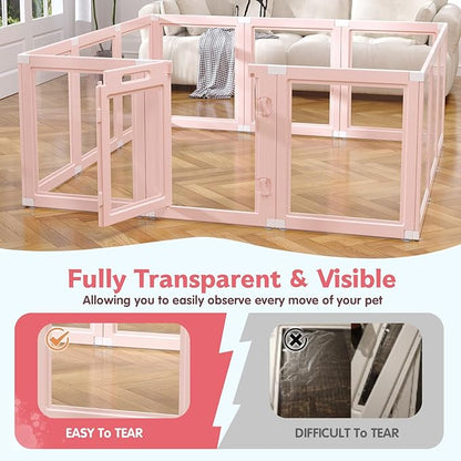 DIY Clear Acrylic Dog Playpen Indoor, Transparent Easy Cleansing Puppy Fence with Suction Cup, Easy-Assemble Indoor Whelping Crate for Small Puppies (23.6" H, 12PCS), Pink