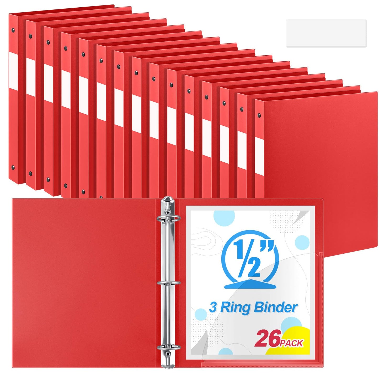 Henoyso 26 Pack 0.5 Inch Plastic 3 Ring Binder Round Ring, Bulk 1/2 Inch Flexible Binders Hold 140 Sheets Letter Size with Pocket, Document Organizer for Back to School Classroom Office (Red)