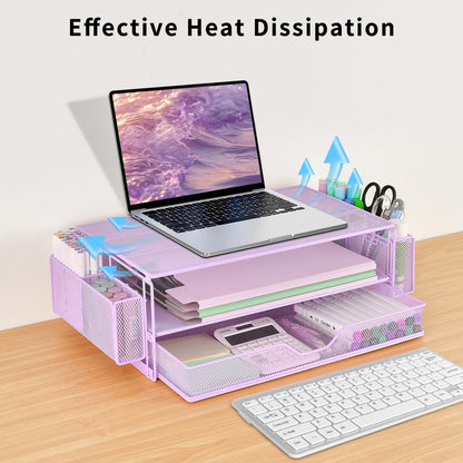 AUPSEN Computer Monitor Stands Riser，2-Tier Desk Organizers and Accessories, Office Desk Accessories Organizer with Drawers and 2 Pen Holder for Office Supplies (Purple)