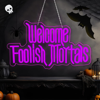 Halloween Welcome Foolish Mortals Neon Sign, Dimmable Gothic Haunted Coffin Halloween Decoration, USB Powered Neon Light, Wall Decor for Home, Bar & Party (Comes with Hooks, Nails and Adhesive Hooks)