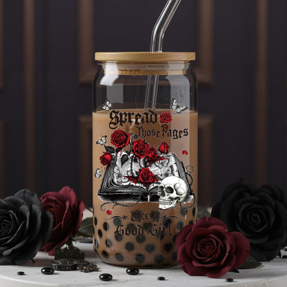 Deorfuy Gothic Glass Cup Gifts for Women Girls, 16 Oz Dark Romance Theme Glass Cup with Lids Straw Gifts, Spooky Skeleton Halloween Tumbler Present