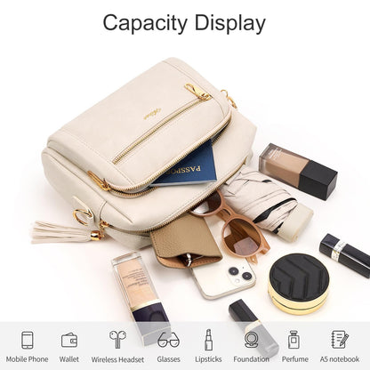 HILAEX Small Leather Crossbody Bags for Women Anti theft Purses and Handbag Shoulder Hangbag with Wide Strap Tassel Beige
