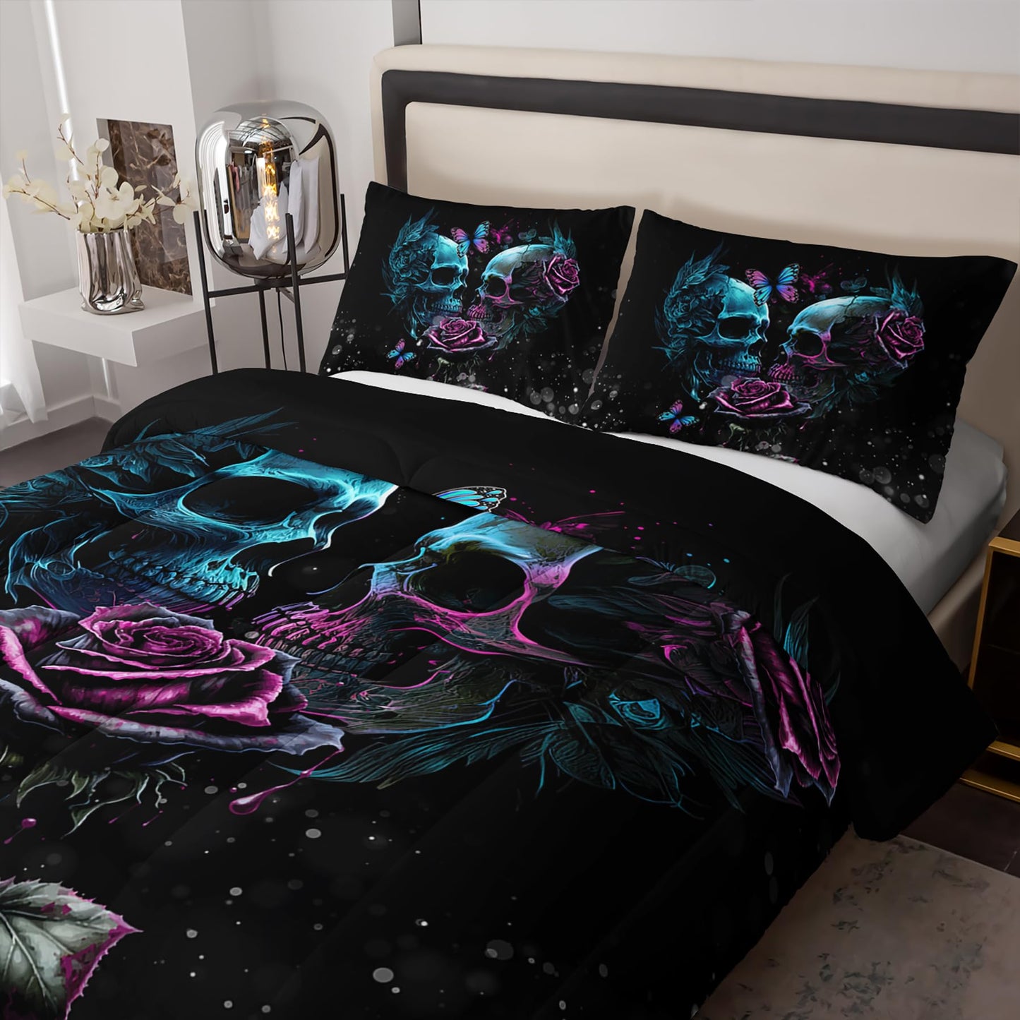 Tuzaovy Skull Bedding Set Queen Size,Goth Bedding Sets Queen with Comforter,Skull Comforter Set,Rose Comforter Halloween Skull Bed Comforter,Black Bedding Skull Quilt