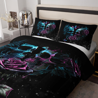 Tuzaovy Skull Bedding Set Queen Size,Goth Bedding Sets Queen with Comforter,Skull Comforter Set,Rose Comforter Halloween Skull Bed Comforter,Black Bedding Skull Quilt
