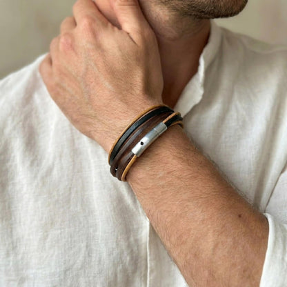 Leporem Unisex Genuine Cowhide Leather Wrap Bracelet Choker Minimalist Push-Lock Clasp Premium Surgical Steel Wristband 17.7 Inch Mixed Gift Box (Mixed, 17.7 Inches)