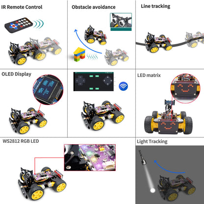 Adeept 4WD Smart Car Kit(Compatible with Arduino IDE), Line Tracking, Light Tracing, Obstacle Avoidance, Servo Motor, OLED Display, Buzzer, LED Dot Matrix Display