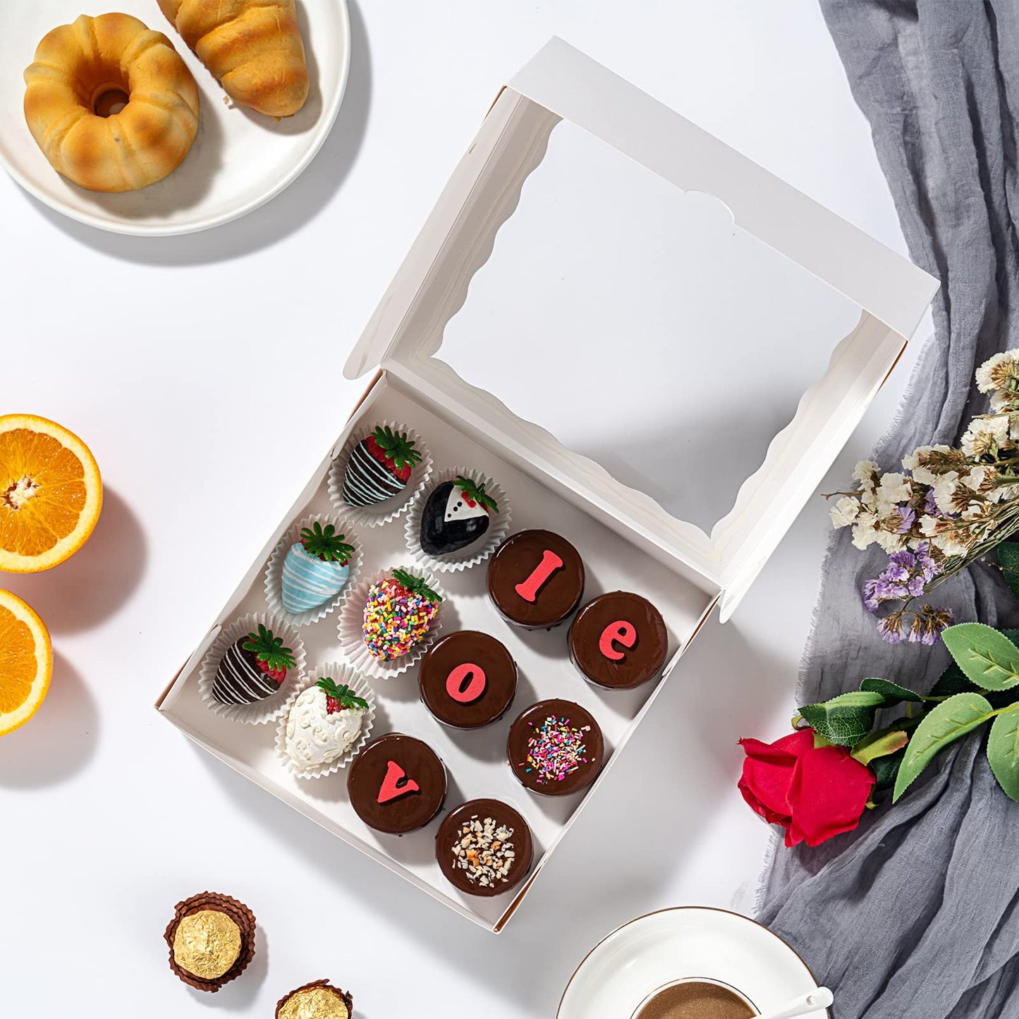 RomanticBaking 50pcs 8x8x2 Inches Bakery Boxes with Window Cookies Boxes Chocolate Covered Strawberries Boxes Cakesicle Boxes for Christmas Valentine's Halloween Easter Father's Mother's Day