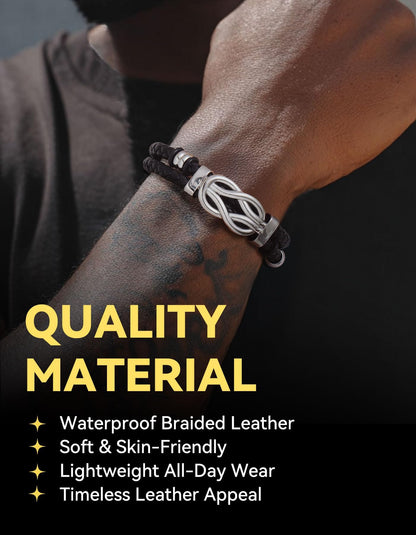 ChainsHouse Mens Leather Bracelet Idea Gift for Man Square Infinity Love Knot Braided Beaded Leather Cuff Bracelet 8.3 Inches Birthday Gifts for Men