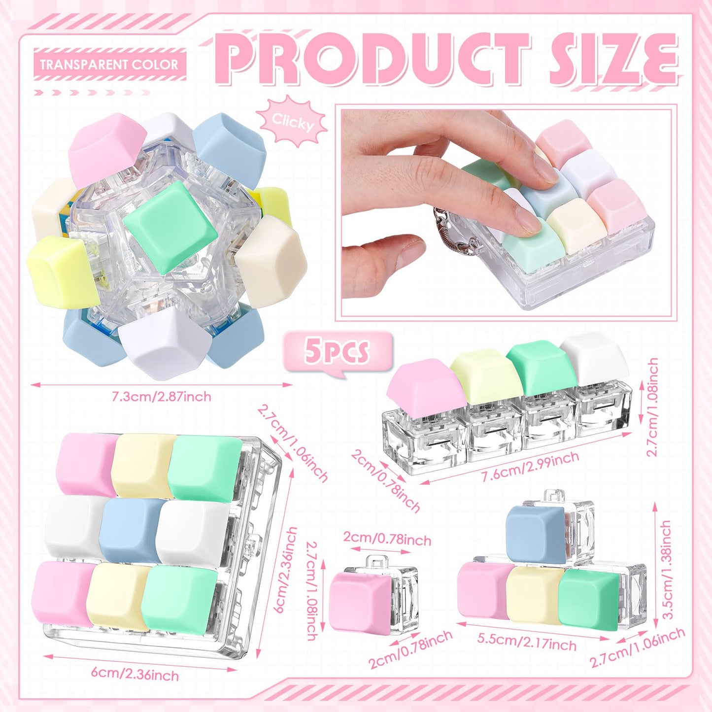 Halloscume 5 Pcs Keyboard Adult Fidget Clicker in 5 Styles Keyboard Fidget Keychain Cube Mechanical Key Button Clicker Stress Relief Gift for Office Home Pass Time(Mix Colors)