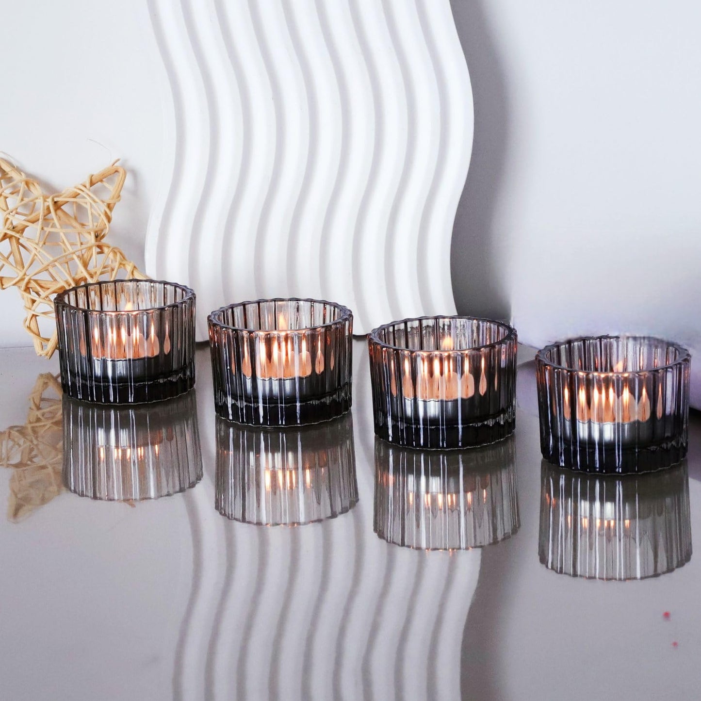 VOHO Classic Grey Tealight Candle Holder for Modern Home Decor, Set of 12 Tea Light Candle Holder Glass Ribbed Gifts for Thanksgiving Holiday, Small Votive Candle Holders for Birthday Themed Party
