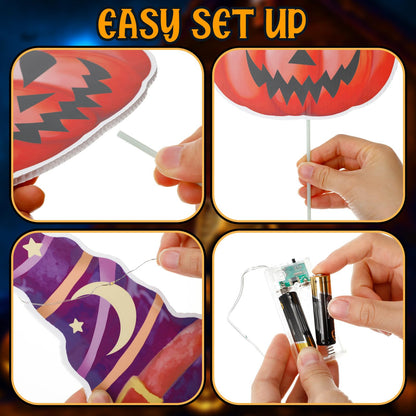 Leinuosen 4 Set Halloween Yard Signs, Pumpkin Garden Stakes with Witch Hats Jack O' Lantern Pumpkin Outdoor Decor Plastic Halloween Art Stake for Garden Lawn Patio Porch Party Decorations