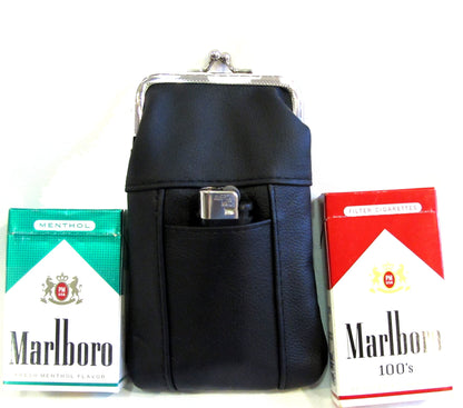 100's 120's 100% Genuine Leather Cigarette Case Lighter Pocket Kiss Lock Metal Twist Clasp Slim Durable -BLACK