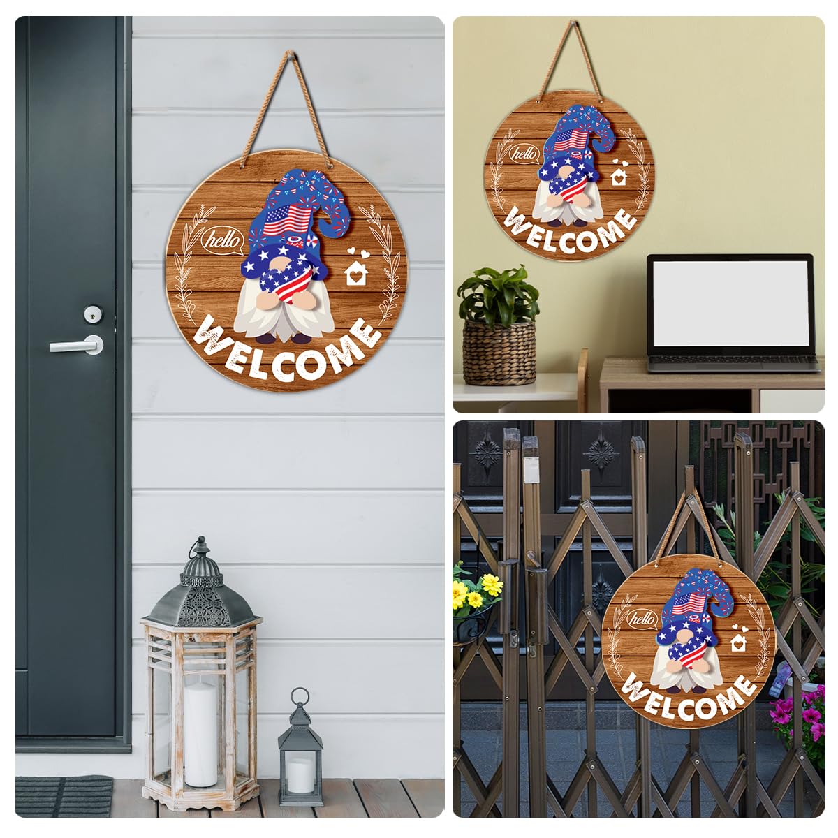 Interchangeable Gnome Welcome Sign Summer Patriotic 4th of July Porch Decor, Changeable Wooden Gnomes Front Door Decoration Wreath Hanger for Spring Fall Winter All Seasons Holiday, Red Brown