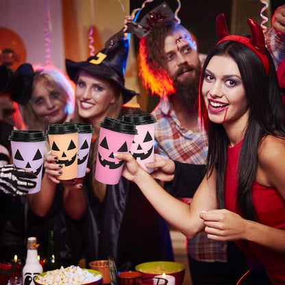Whaline Halloween Disposable Coffee Cups Ghost Pumpkin Paper Cups with Lids 16 Oz for Holiday Birthday Party Home Office Travel Supplies Hot Cold Drinks, 48 Pcs