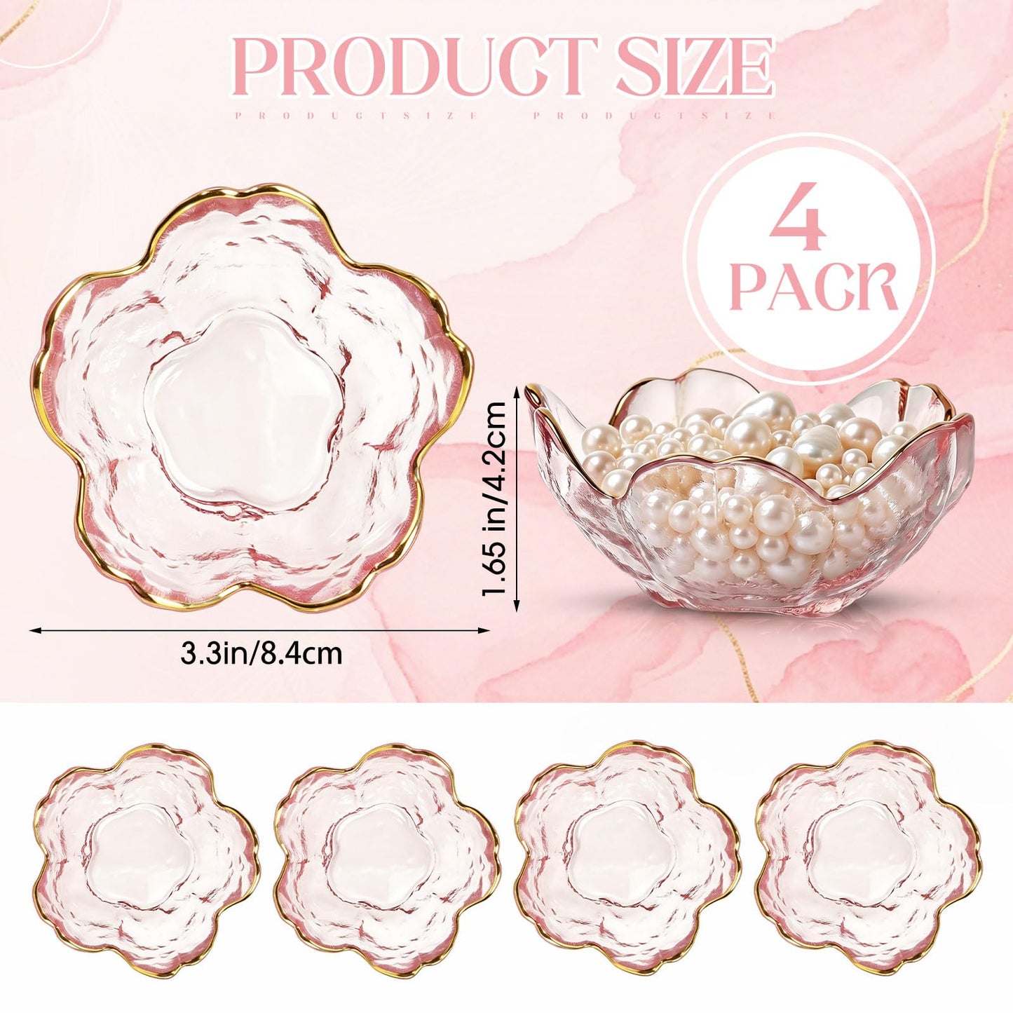 LOYIM 4 Pack Glass Jewelry Dish Small Flower Ring Holder Trinket Tray for Earrings Key Vanity Decor for Women Wedding Gift