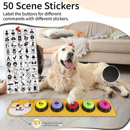 RIBOSY Dog Buttons for Communication, 5 Pcs Dog Speech Training Buzzers with Non-Slip Rubber Pad and 50 Stickers, 30 Seconds Voice Recording Button for Pet to Voice What They Want (Battery Included)