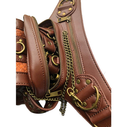 Steampunk Waist Bag Fanny Pack Fashion Gothic Leather Shoulder Crossbody Messenger Bags Thigh Leg Hip Holster Purse Travel Pouch Hiking Sport Chain Bags for Women Men brown