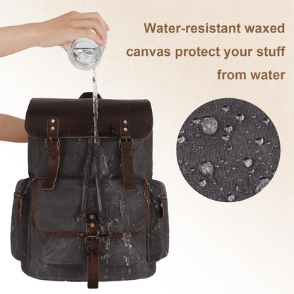 NEHOR Vintage Waxed Canvas Backpack Casual Genuine Leather Laptop Rucksack Shoulder DayPack for Travel/Hiking/School