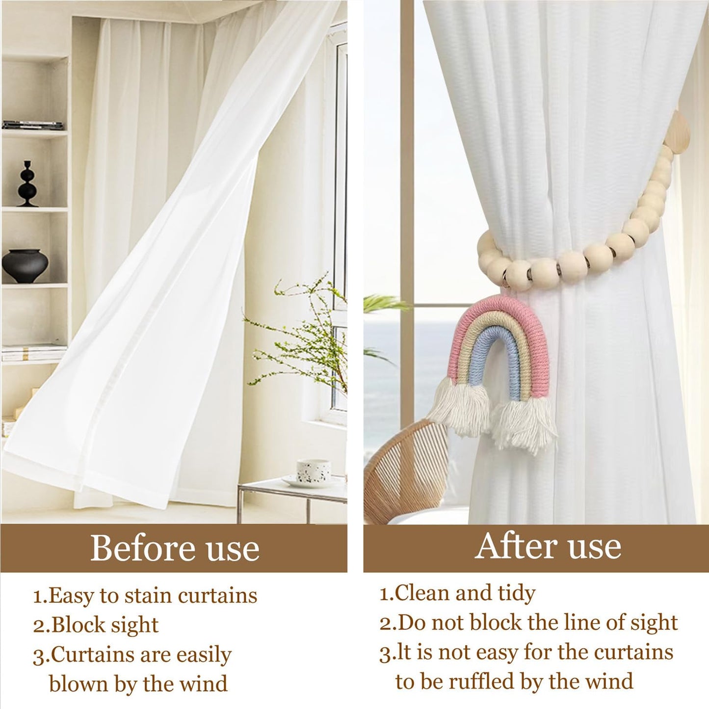 BDHRKTE 2 Pieces Wooden Beaded Curtain Tiebacks, Tassel Curtain Buckles Magnetic Curtain Buckles, Rainbow Tassel Curtain Tiebacks No Punch Decoration (Pink)