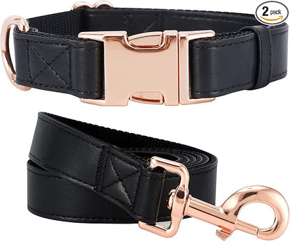 Dog Collar and Leash Set.Soft and Easy to Clean Vegan Leather with Rose Gold Metal Buckle for Small Medium Large Dogs (Black, L(15.4”-24.8“)